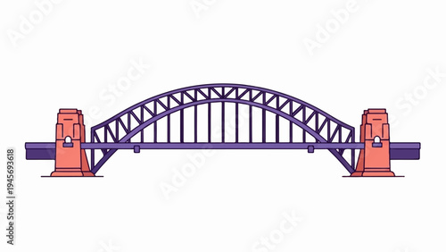 Stylized drawing of a large steel arch bridge with coral-colored towers