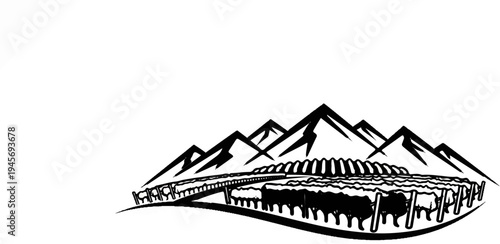 Stylized mountain range with rows of livestock and arched structures