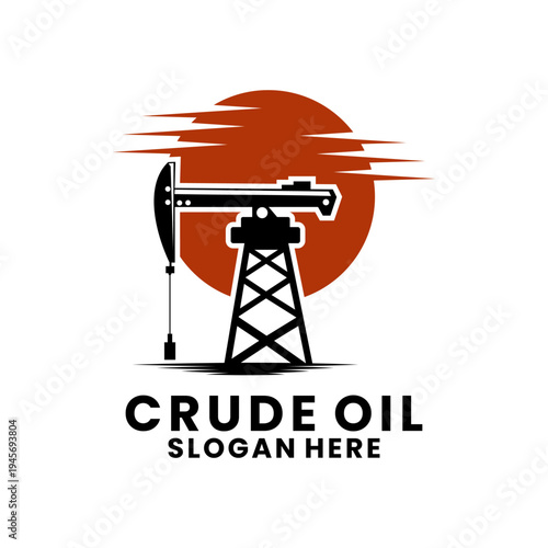 Crude Oil Pumpjack Logo Industrial Energy Production Icon. Crude oil logo design vector template