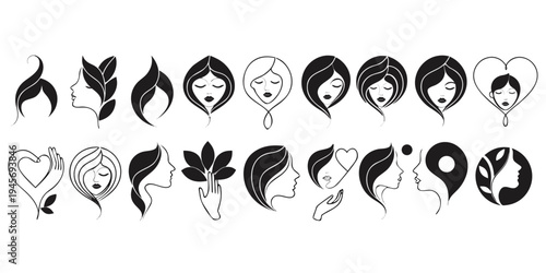 Set of female icons for beauty salon, self love concept. Continius line art hand and heart, aesthetic symbol, logo, tattoo. Vector illustration isolated on white background. vector icon