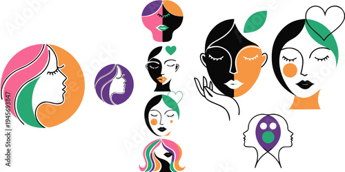 Set of female icons for beauty salon, self love concept. Continius line art hand and heart, aesthetic symbol, logo, tattoo. Vector illustration isolated on white background. vector icon
