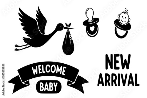Birth Icons Set Stork Carrying Baby Pacifier Heart Welcome Banner New Arrival Graphic Black Vector Silhouette