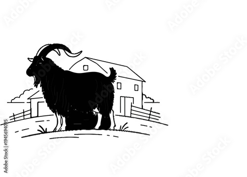 Black goat stands on a hill in front of a barn