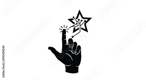 Hand interacting with a stylized digital star, depicted as a symbolic black and white vector illustration representing innovation, success, and the power of digital connection in modern technology.