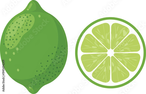 Fresh lime fruit vector icon set with whole lime and cross section slice for healthy juice design art