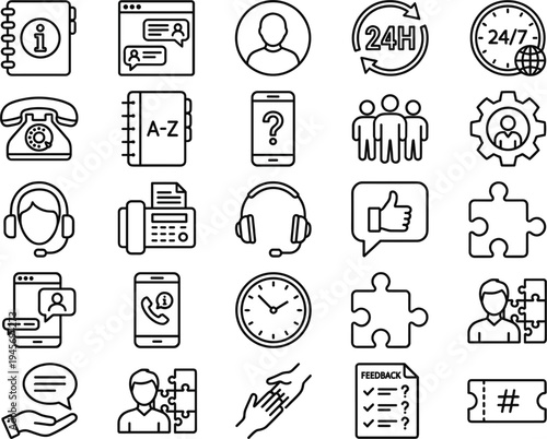 Customer service and technical support line icon set with helpdesk headset contact assistance symbols minimal outline vector illustration