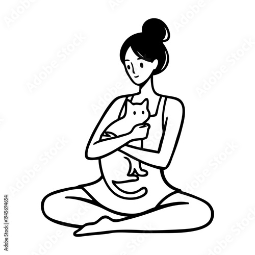 Dibujo sencillo con líneas de una mujer sentada, con ropa informal, abrazando a un cachorro de gato 