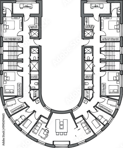 U shaped floor plan with multiple rooms and corridors isolated on transparent background