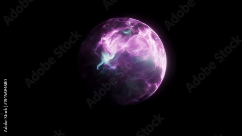 Glowing magical orb with swirling purple and cyan energy, isolated on a black background in centered composition, creating a mystical fantasy effect with luminous plasma-like texture. 4K, 30fps, Alpha