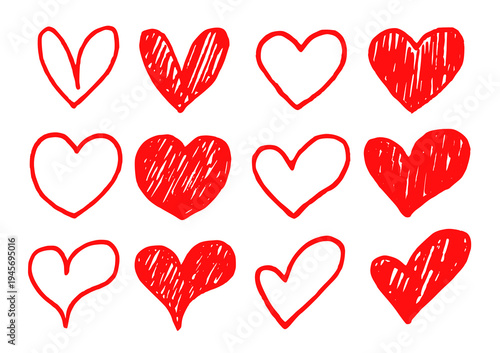 hearts variations scribble heart doodle outline filled in.  Sketch love romance icons symbols for bullet journals, stickers, decoration and more
