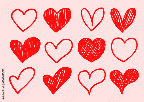 set of hearts outline flat sketch doodle hand drawn texture red valentine love icons illustration vector