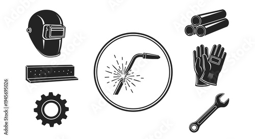 Welding Equipment and Tools Icons - Black and White Vector Art