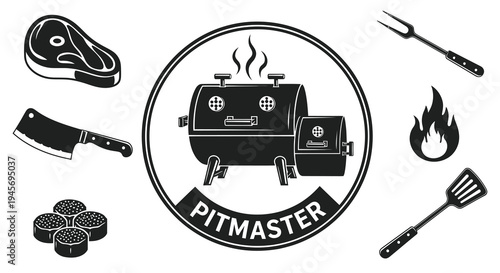 Barbecue Pitmaster Icons: Meat, Grill, Utensils, Flame, Black and White Glyph