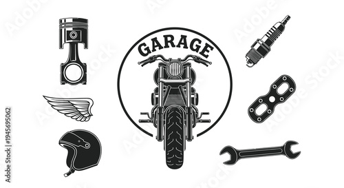 Vintage Motorcycle Garage Emblem with Parts - Black and White Vector Art
