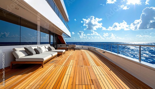 Exquisite polished teak wood decking on a luxury yacht gleaming brilliantly under bright sunshine, presenting a serene view of the vast blue ocean.