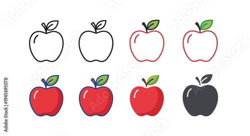 Collection of eight apple icons demonstrates various flat and outline design styles for.
