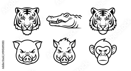 Set of six aggressive wild animal head icons includes tigers, alligator, pig, and monkey.