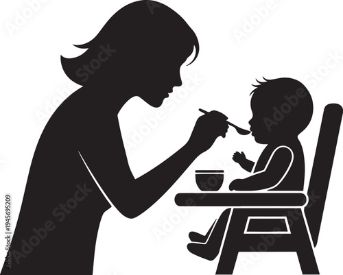 Mother feeding baby with spoon in black silhouette