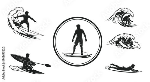 Black and White Surfing Silhouettes Set - Action Sports Vector Art