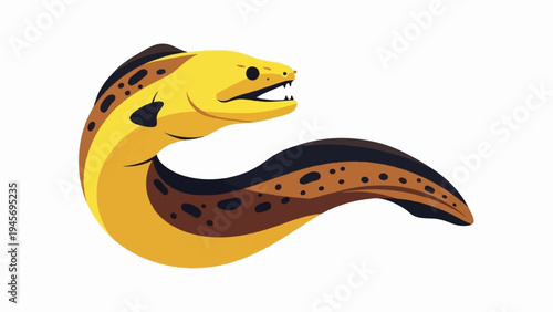 Bright yellow moray eel with dark spots, curving body