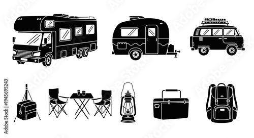 Camping Icons - RV, Camper Van, Trailer, Backpack, Lantern, Cooler, Table