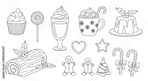Assortment of Christmas holiday dessert illustrations including gingerbread men, cupcake.