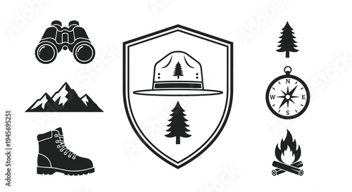 Outdoor Adventure Icons: Camping, Hiking, Nature Gear - Black and White