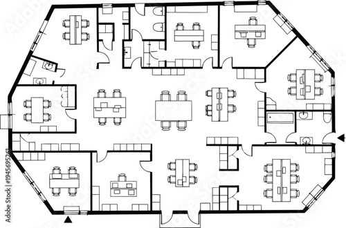 Office floor plan with multiple rooms and desks isolated on transparent background