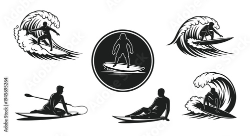 Black  White Surfing and Paddleboarding Silhouettes on Waves