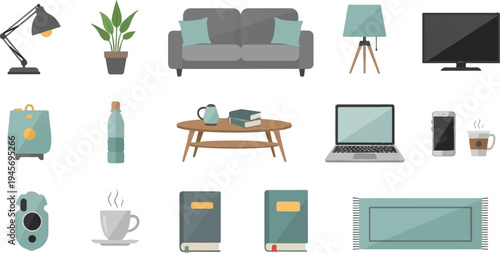 Assortment of modern home decor and electronics, isolated on white