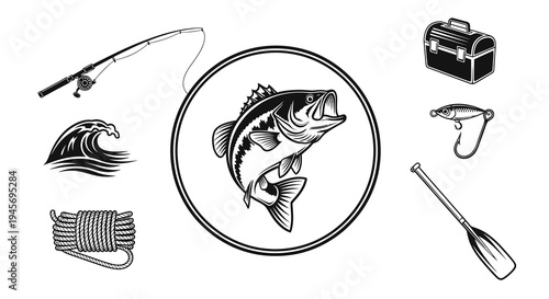 Vintage Fishing Vector Icons: Bass Fish, Rod, Lure, Tackle Box, Oar, Wave, Rope