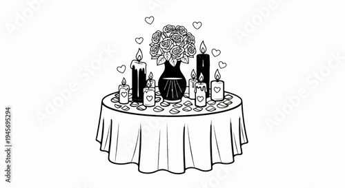 Romantic table setting with roses, lit candles, and scattered petals