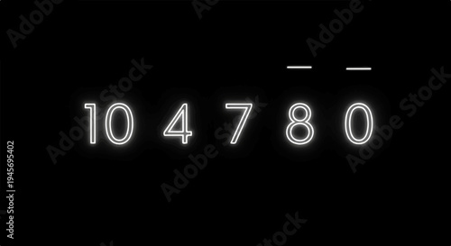 Glowing neon numbers and dashes on a black background