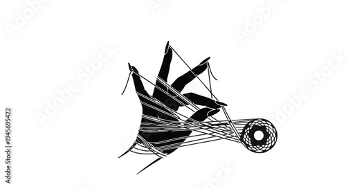 A dark, stylized hand is entangled by thin threads connecting to a small spool or wheel object, illustrating restriction or complex connection in monochrome.