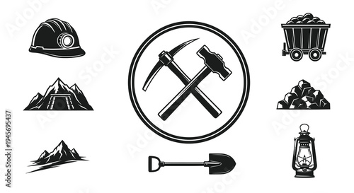 Mining Industry Black and White Icons: Tools, Helmet, Cart, Coal, Lantern