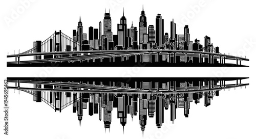 Black and White Skyline with Bridge and Reflection