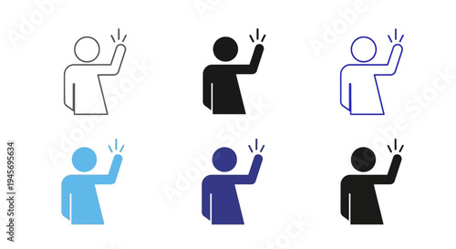 Set of diverse human icon avatars waving hands in various solid and outlined colors.