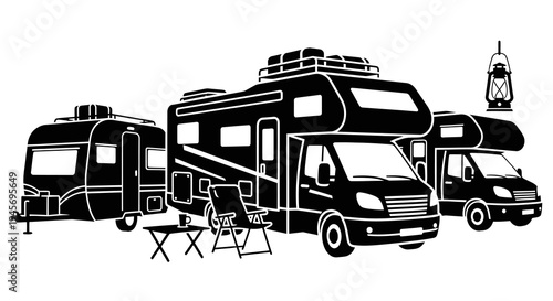 Black and White RV Camper Motorhome Caravan Travel Icons