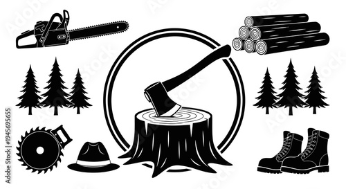 Lumberjack Icons: Axe, Chainsaw, Wood, Trees, Boots  Hat