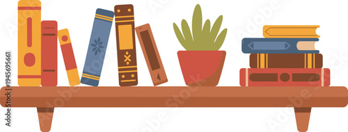 Brown wooden shelf with books and potted plant brown shelf green plant
