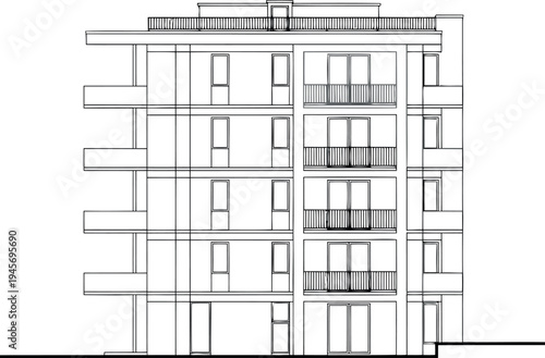 Architectural drawing of a multi story building with balconies isolated on transparent background