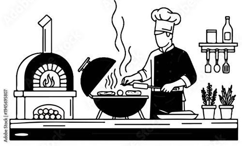 Chef grilling food and cooking in a pizza oven on a counter