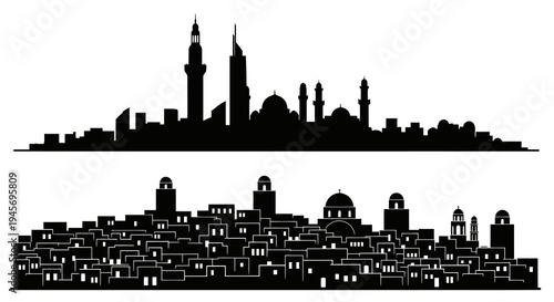 Islamic City Skyline Silhouette - Traditional Architecture and Minarets