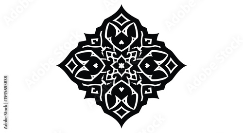 Intricate black and white geometric design resembling a stylized floral medallion
