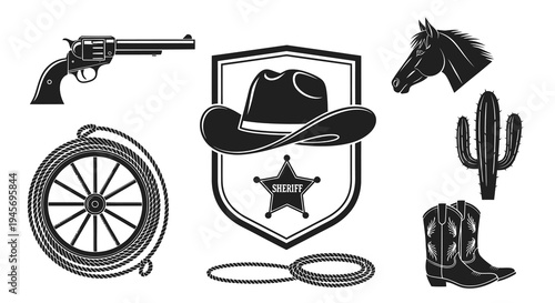 Western Cowboy Sheriff Emblem, Gun, Horse, Boots, Cactus, Rope, Wheel