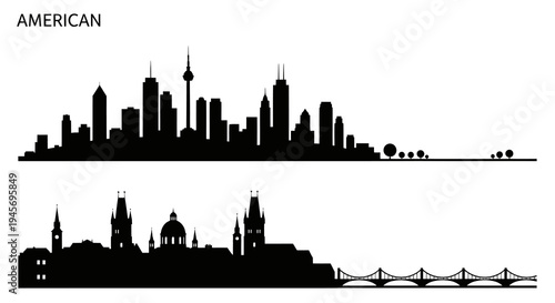 Black  White Silhouette of American Skyscrapers and European Cityscape