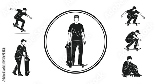 Skateboarder Silhouettes Black and White Vector Art