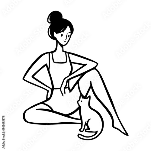 Dibujo sencillo con líneas de una mujer sentada, con ropa informal, con un cachorro de gato 