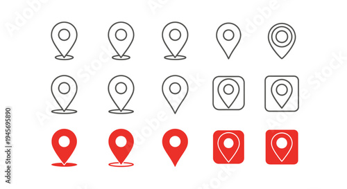 Set of location pin markers displays map navigation symbols in outline and filled styles.