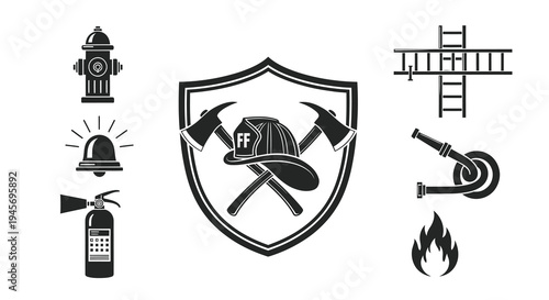 Firefighter Icons Set - Fire Hydrant, Axe, Helmet, Hose, Ladder, Flame, Alarm, Extinguisher